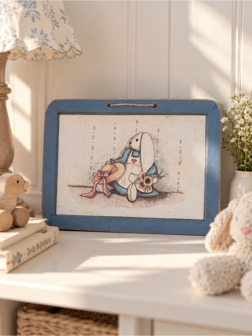 Vintage Bunny Rabbit Wall Plaque Country Cottage Folk Art Blue Wood